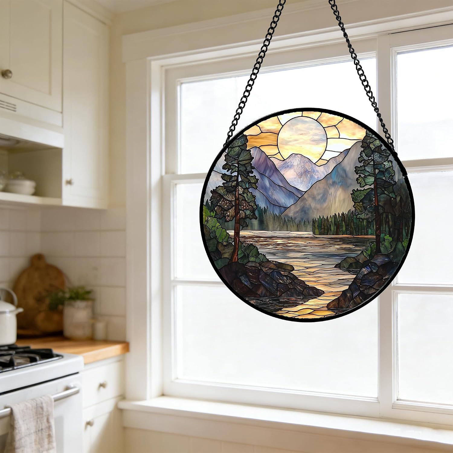 Mountain Lake Stained Glass Window Hanging Suncatcher Gifts for Women 6.3"