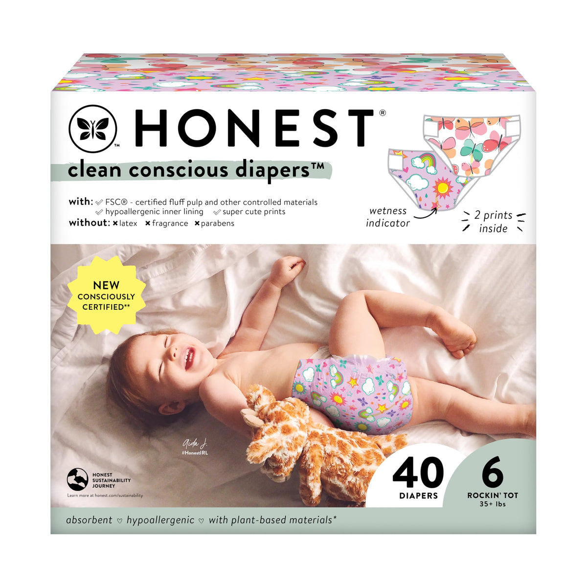 The Honest Company Clean Conscious Diapers | Plant-Based, Sustainable | Sky's The Limit + Wingin It | Club Box, Size 6 (35+ lbs), 40 Count