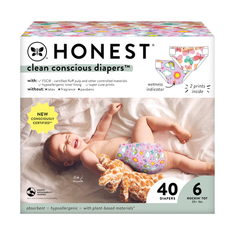 The Honest Company Clean Conscious Diapers | Plant-Based, Sustainable | Sky's The Limit + Wingin It | Club Box, Size 6 (35+ lbs), 40 Count