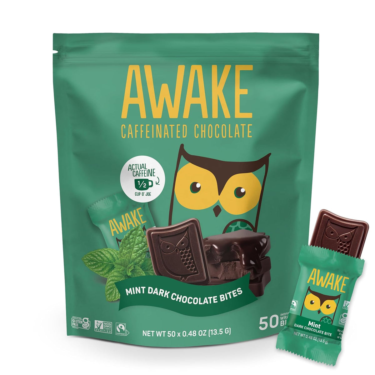 AWAKE - Caffeinated Chocolate Bites - Mint Dark Chocolate, 50 pieces - 50mg Caffeine - Individually Wrapped Energy Bites - Coffee Alternative - Fairtrade, Gluten Free, Non GMO - 0.48oz