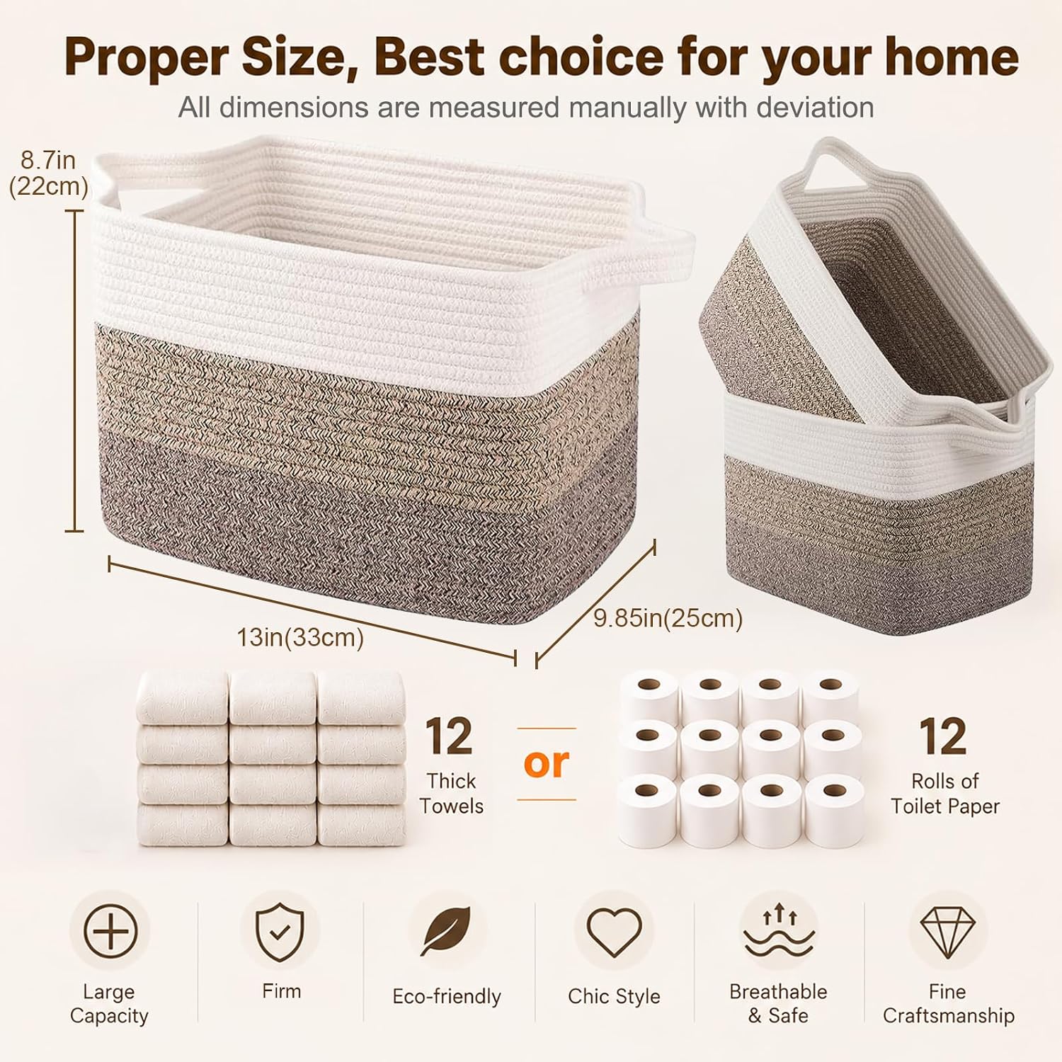 OIAHOMY Cotton Rope Storage Baskets for Organizing Dark Brown 3-Pack