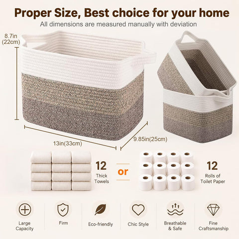 OIAHOMY Cotton Rope Storage Baskets for Organizing Dark Brown 3-Pack