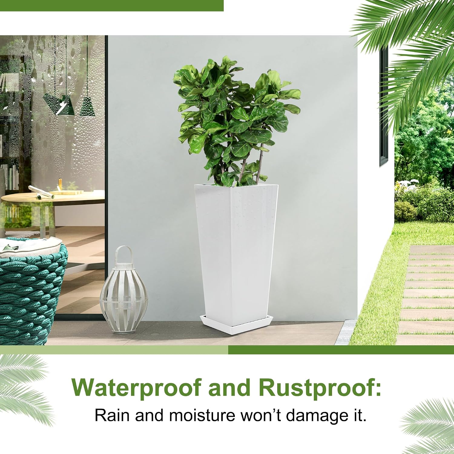 24" Set of 2 Tall White Planters for Outdoor Plants, Tapered
