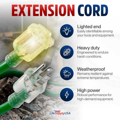 75ft Outdoor/Indoor Extension Cord 10/3 Gauge Ultra Heavy Duty 3 Prong SJTW, Waterproof, Flexible Cold-Resistant Long Power Cord,15A 125V 1875W, Green by LifeSupplyUSA
