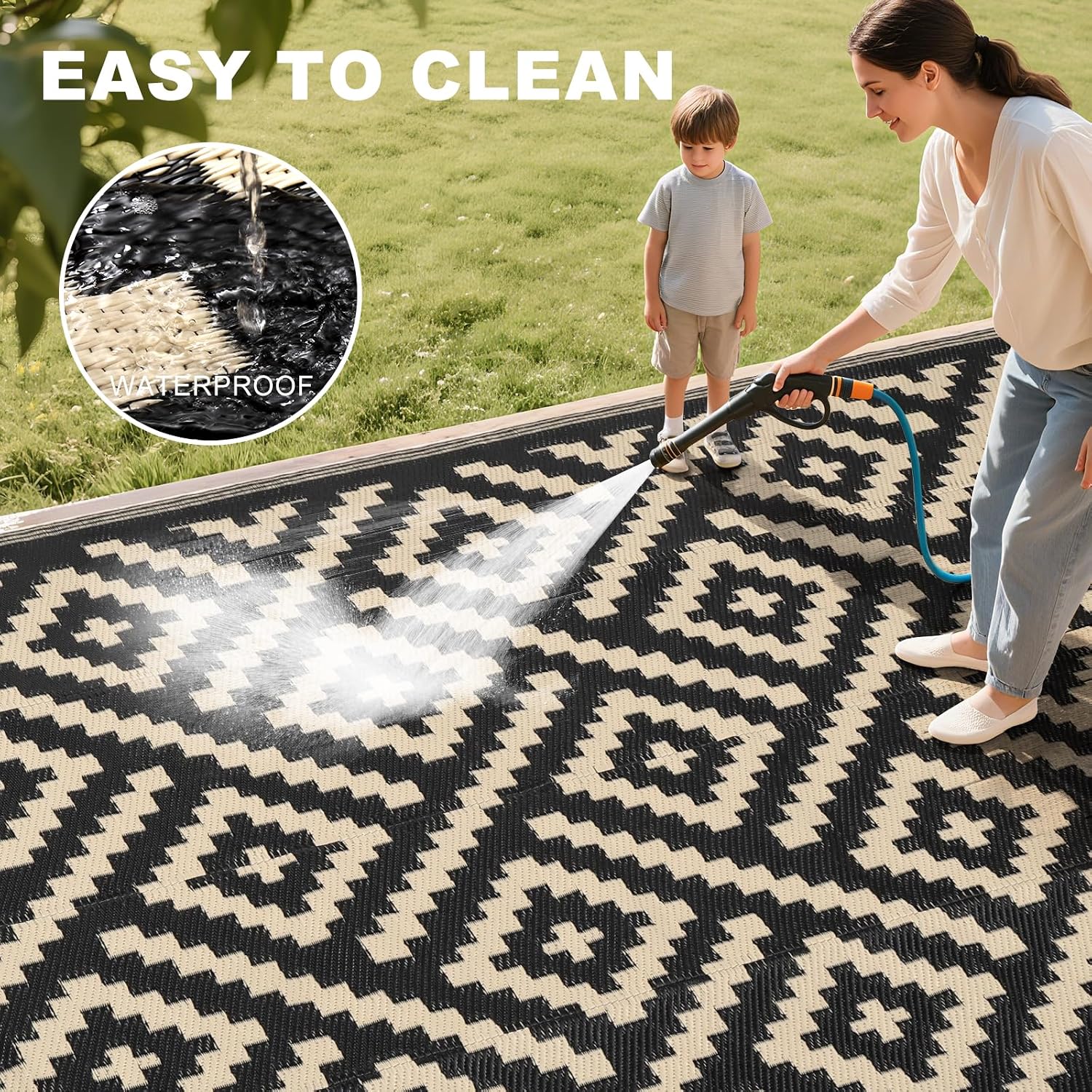 RURALITY Outdoor Rugs 5x8 Feet for Patios Clearance,Plastic Straw Waterproof Mats for Backyard,Porch,Deck,Balcony,Black&Beige