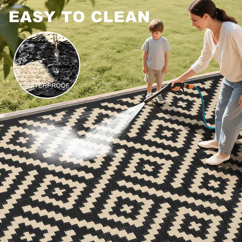 RURALITY Outdoor Rugs 5x8 Feet for Patios Clearance,Plastic Straw Waterproof Mats for Backyard,Porch,Deck,Balcony,Black&Beige