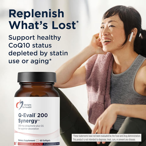Designs for Health Q-Evail 200 Synergy – 200 mg CoQ10 Highly Bioavailable Ubiquinone + Exclusive Absorption Technology – Coenzyme Q10 Boost with GG – Heart, Healthy Aging + Cell Support (60 Softgels)