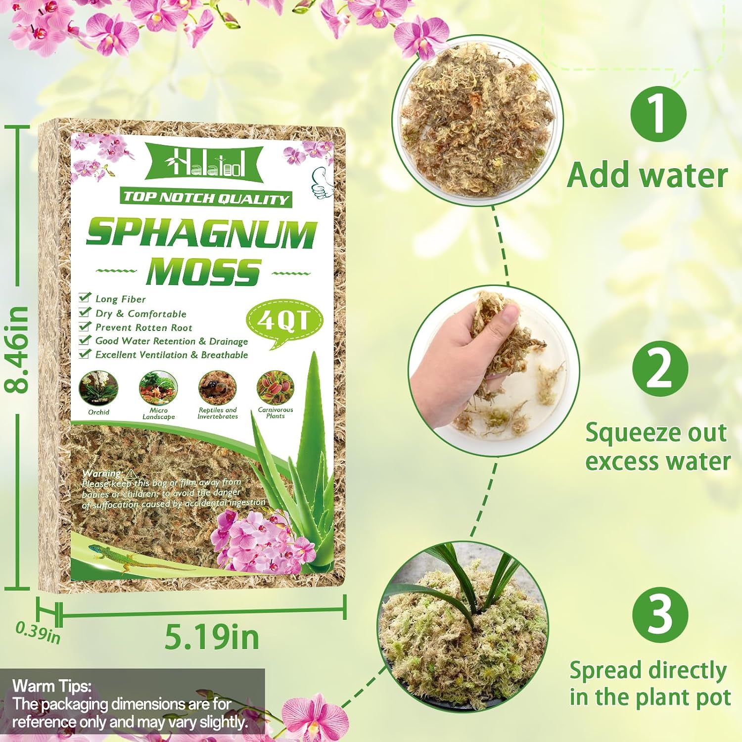 Halatool 3.6 OZ Sphagnum Moss for Plants, 4 QT Long Fiber Dried Orchid Moss