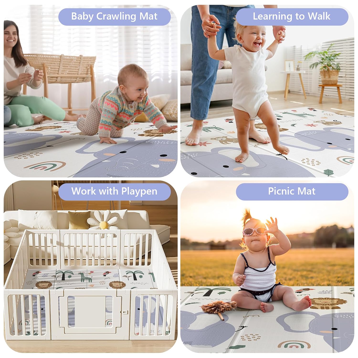 NOONKTY 79x71 Extra Large Baby Play Mat for Floor, Foldable Foam Playmat for Babies 0-12 Months & Kids, Non-Toxic Waterproof Baby Mat, Thick Playpen Mat for Tummy Time Crawling, Elephant