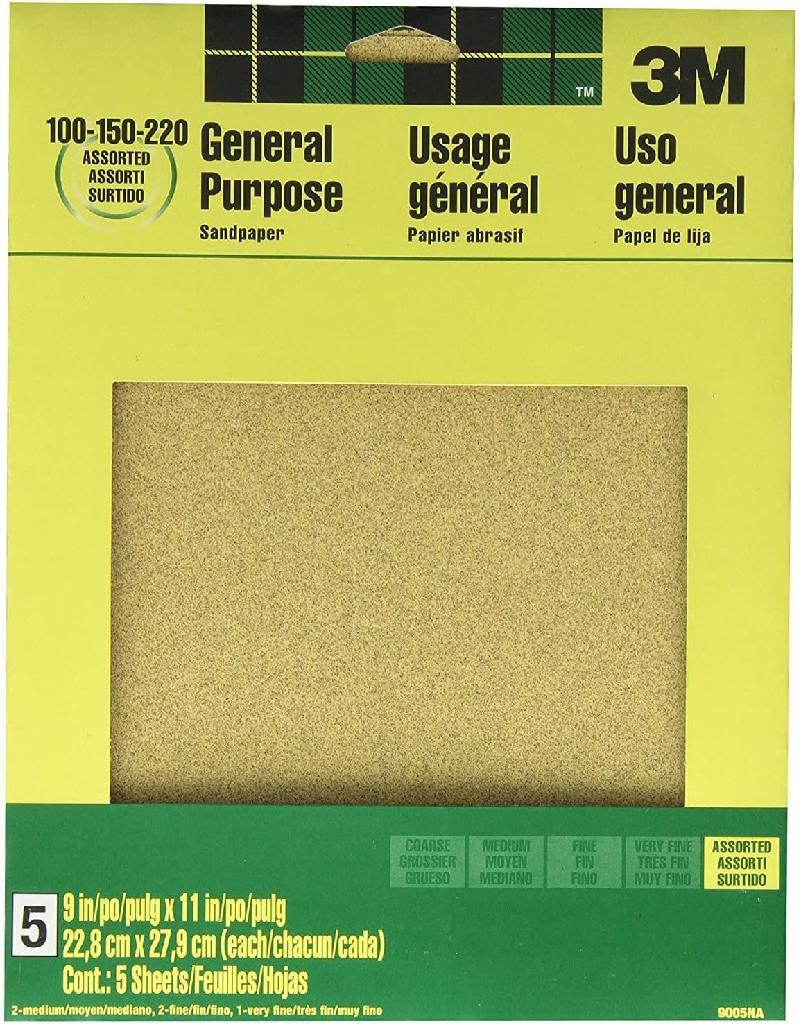 3M Aluminum Oxide Sandpaper, 5 Sheets, Assorted Grit 100-150-220, 9-in x 11-in, Multi-Purpose Abrasive Sanding Paper, for General Purpose Sanding On Paint, Wood and Metal (9005NA) (Pack of 4)