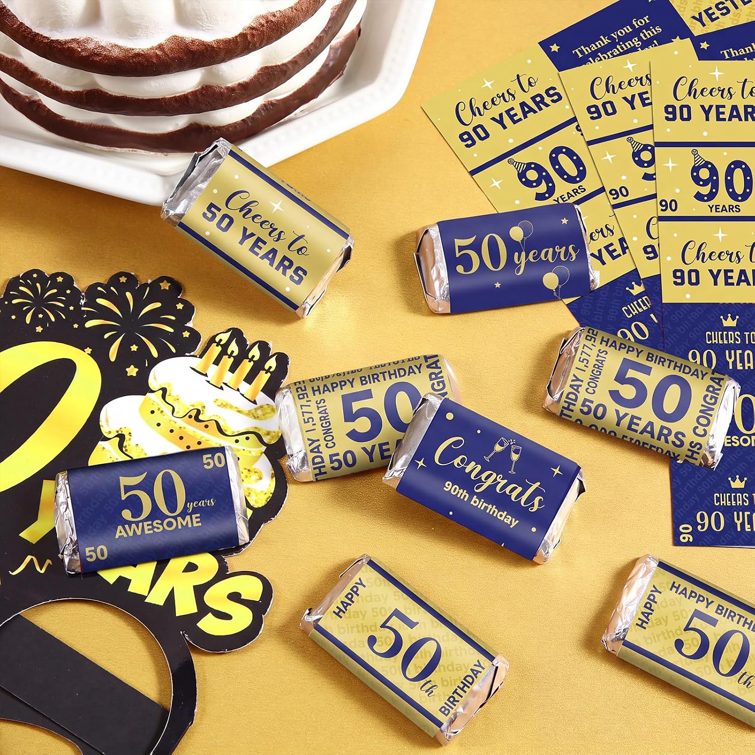 Tenare 90 Pcs 50th Birthday Candy Wrappers, Blue and Gold Stickers
