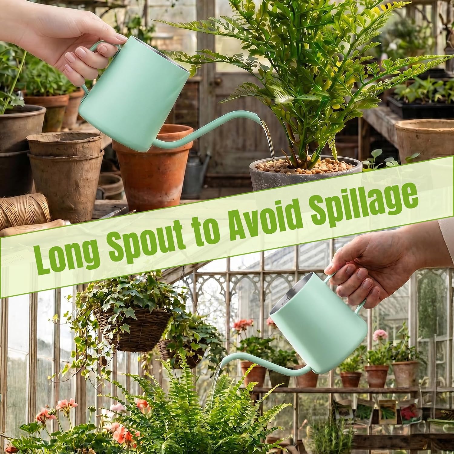 Doseno Green Small Watering Can for Seedlings & Indoor Plants, 12 oz