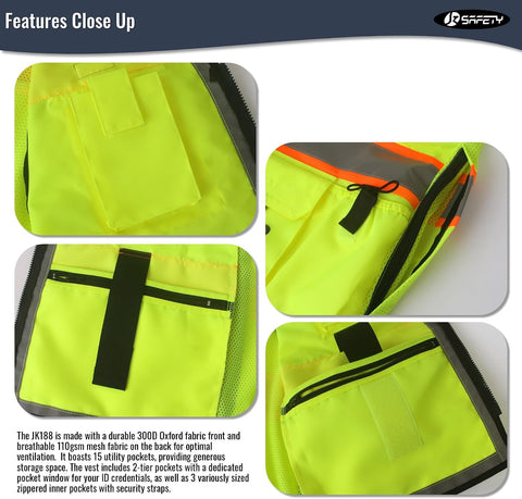 JKSafety Hi-Vis Unisex Surveyor Safety Vest Heavy Duty PPE Inner Pockets ANSI/ISEA Compliant