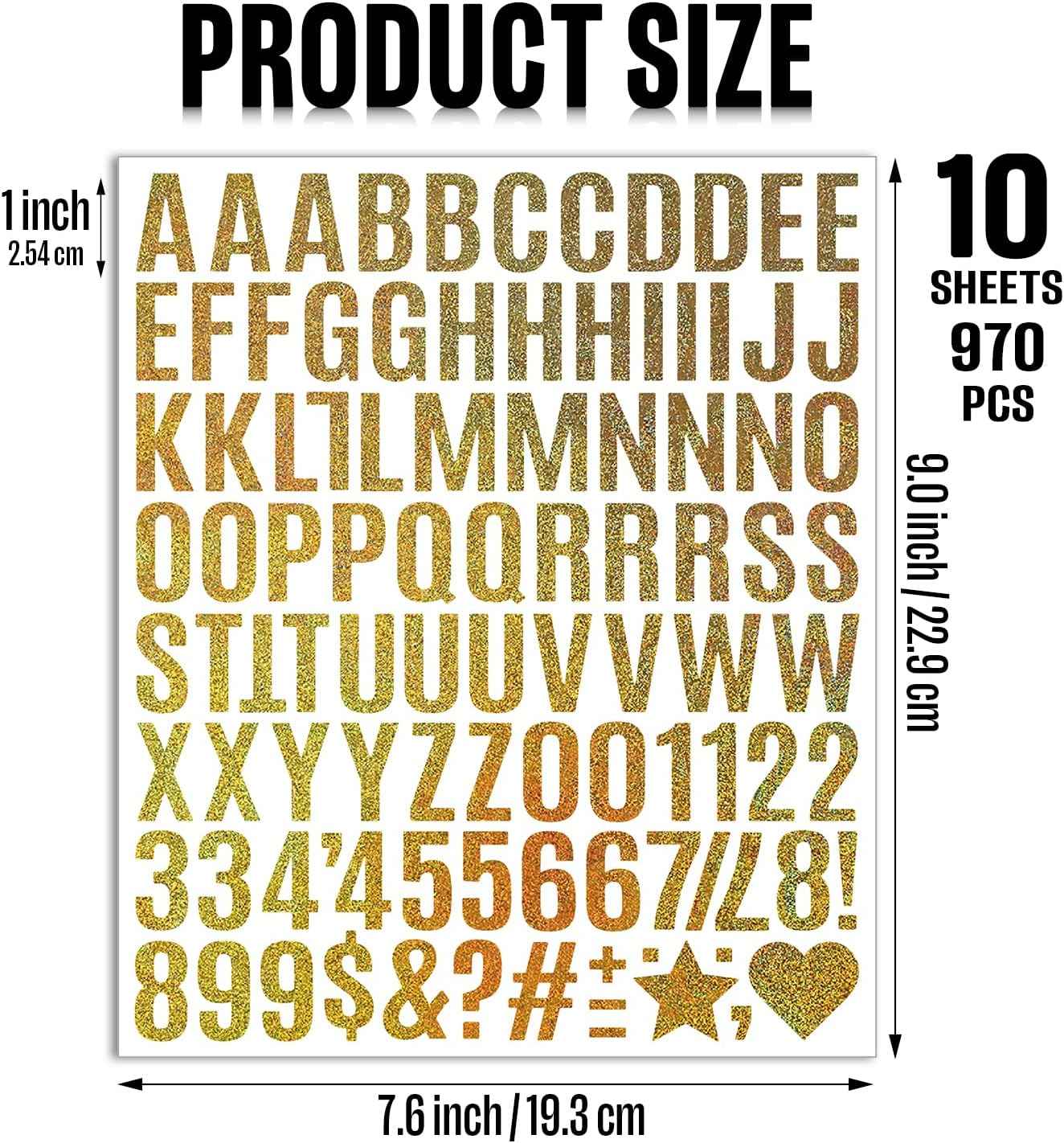 10 Sheets Small Letter Stickers - 1 Inch Glitter Gold Vinyl Self Adhesive Alphabet Number Stickers Stick on Letters for Arts Crafts Outdoor Sign Wall Mailbox Windows Doors Car Poster Board