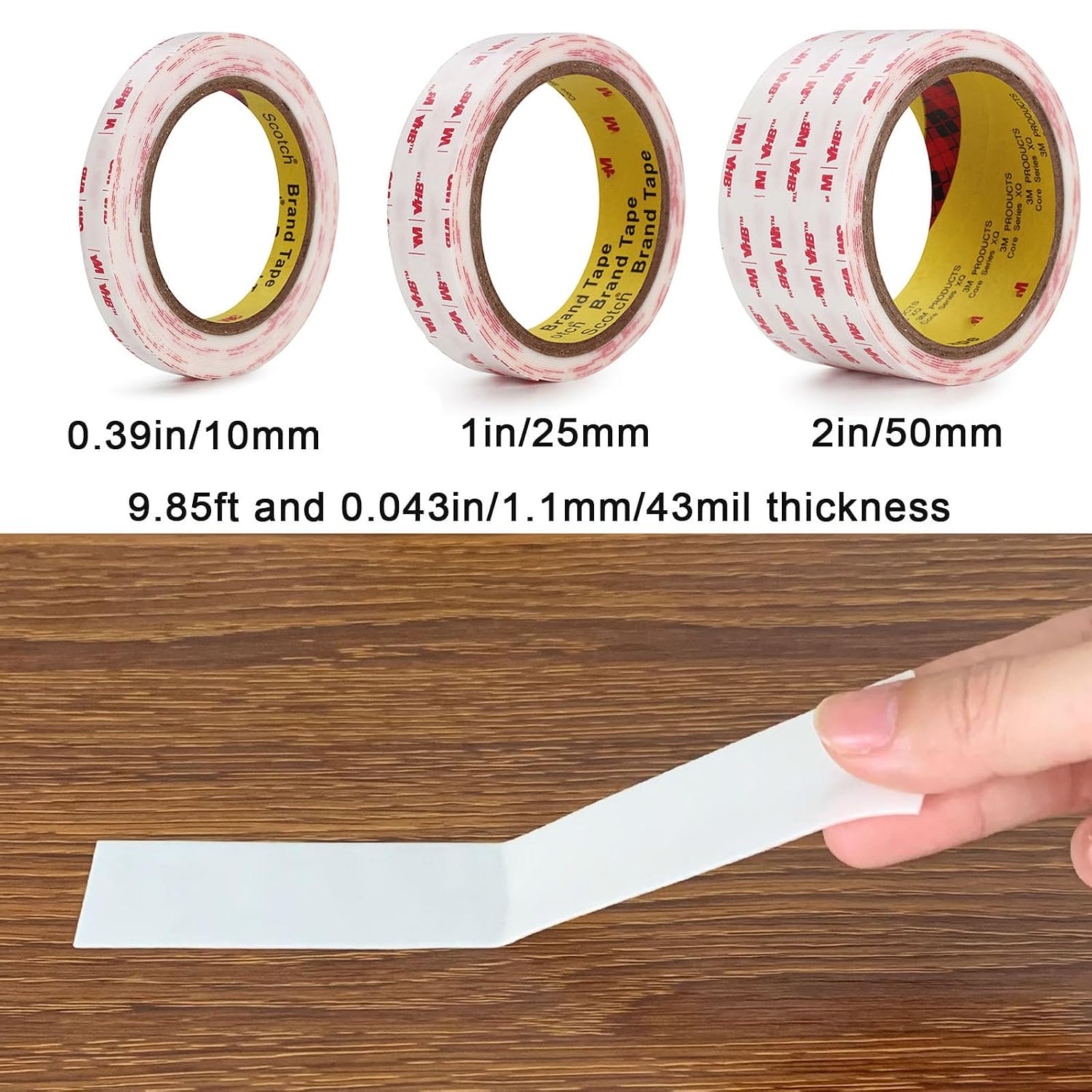 3M Double Sided Tape 0.39in X 9.85ft，Heavy Duty Removable Mounting Tape, Picture Hanging Adhesive Strips