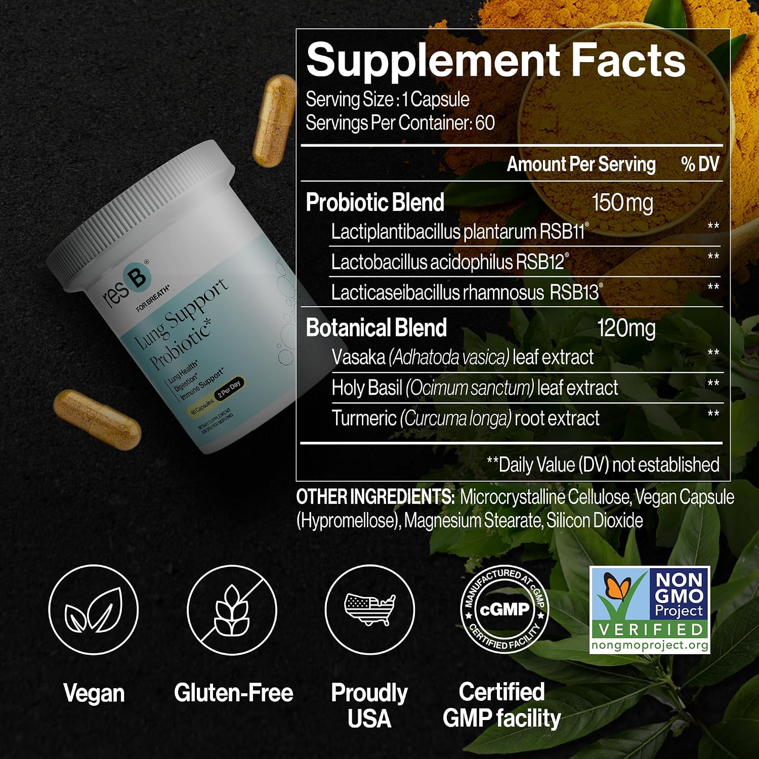 resB Lung Support Probiotic Supplement, 180 Capsules, 3 Bottles