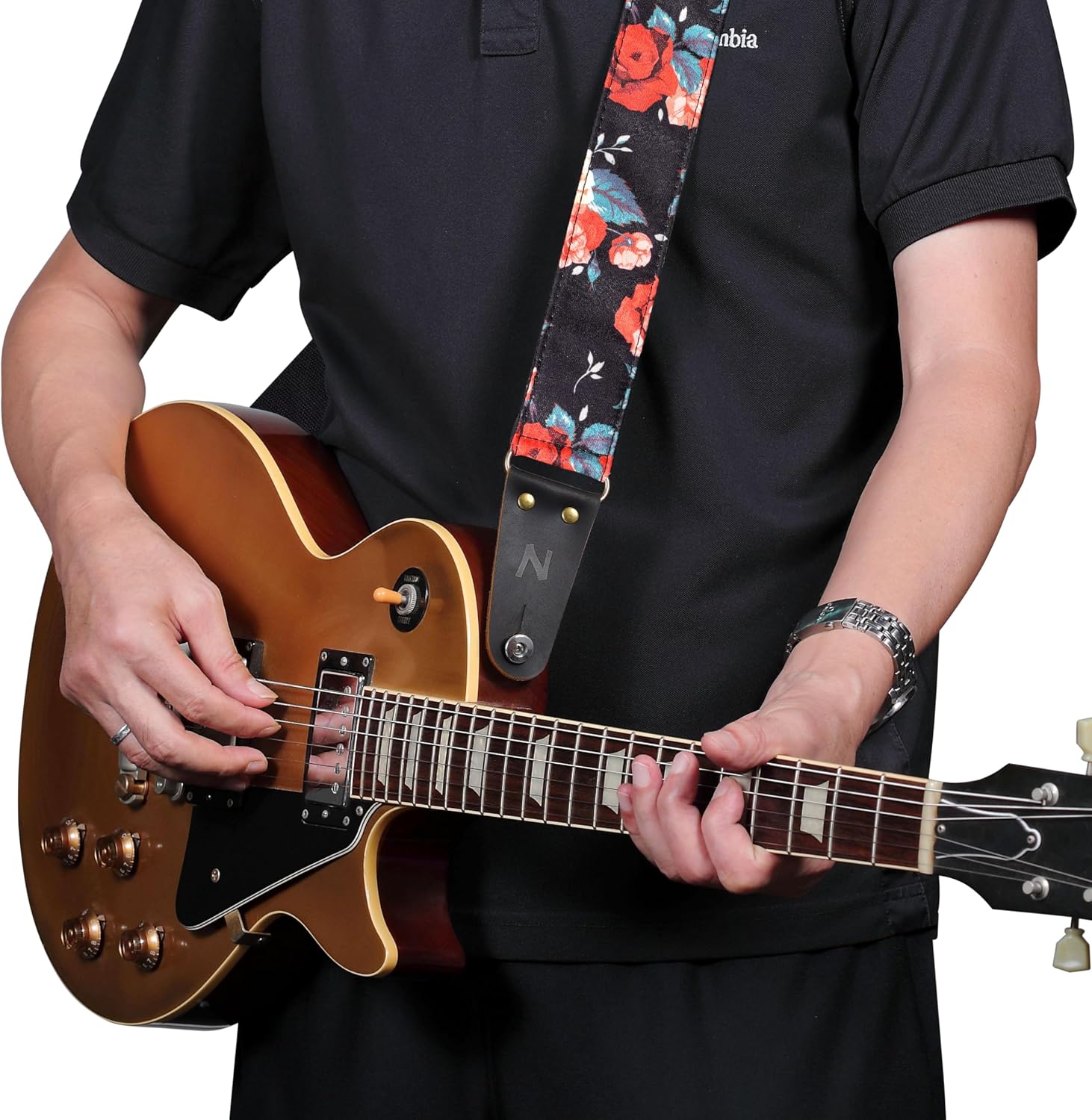 Nefelibata Guitar Strap, Cotton Print Rose Guitar Straps with Head Cowhide Leather Ends for Bass, Electric & Acoustic Guitars, Free Strap Button, 1 Pair Strap Locks and 4 Guitar Picks