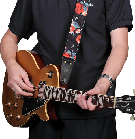 Nefelibata Guitar Strap, Cotton Print Rose Guitar Straps with Head Cowhide Leather Ends for Bass, Electric & Acoustic Guitars, Free Strap Button, 1 Pair Strap Locks and 4 Guitar Picks