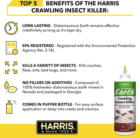 Harris 8 oz Diatomaceous Earth Crawling Insect Killer — 100% Natural Dust for Ants, Roaches, Bed Bugs, Fleas — Indoor & Outdoor Use