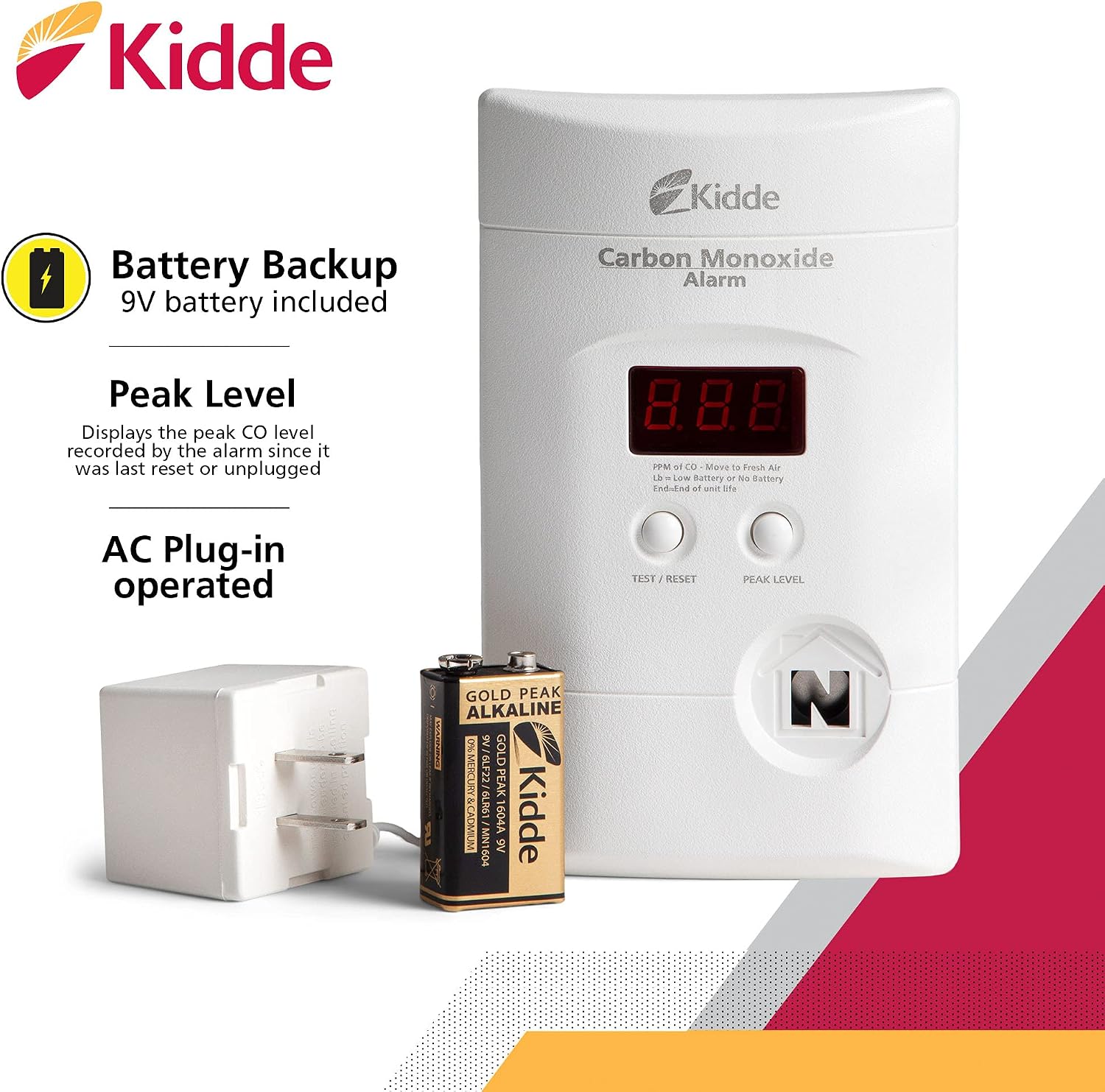 Kidde Carbon Monoxide Detector, Plug-In with 9V Battery Backup, Digital Display, 85 dB Alarm, LED Status Light Indicators, 3rd Edition