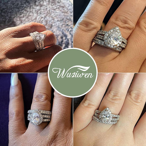 Wuziwen 4CT Sterling Silver Pear Shaped Wedding Ring Sets for Women
