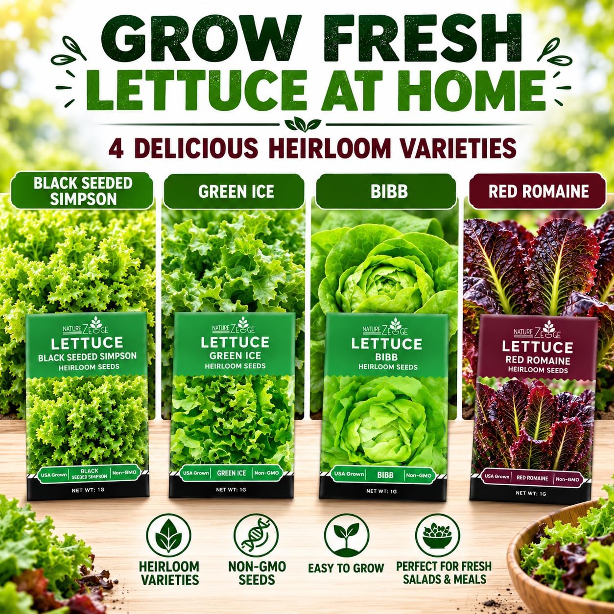 NatureZ Edge Lettuce Seeds for Planting, 4 Popular Varieties Non-GMO Heirloom Seeds, Red Romaine, Bibb Butter, Black Seeded Simpson, Green Ice Lettuce, Romaine, Salad Lettuce, Hydroponic Garden, USA