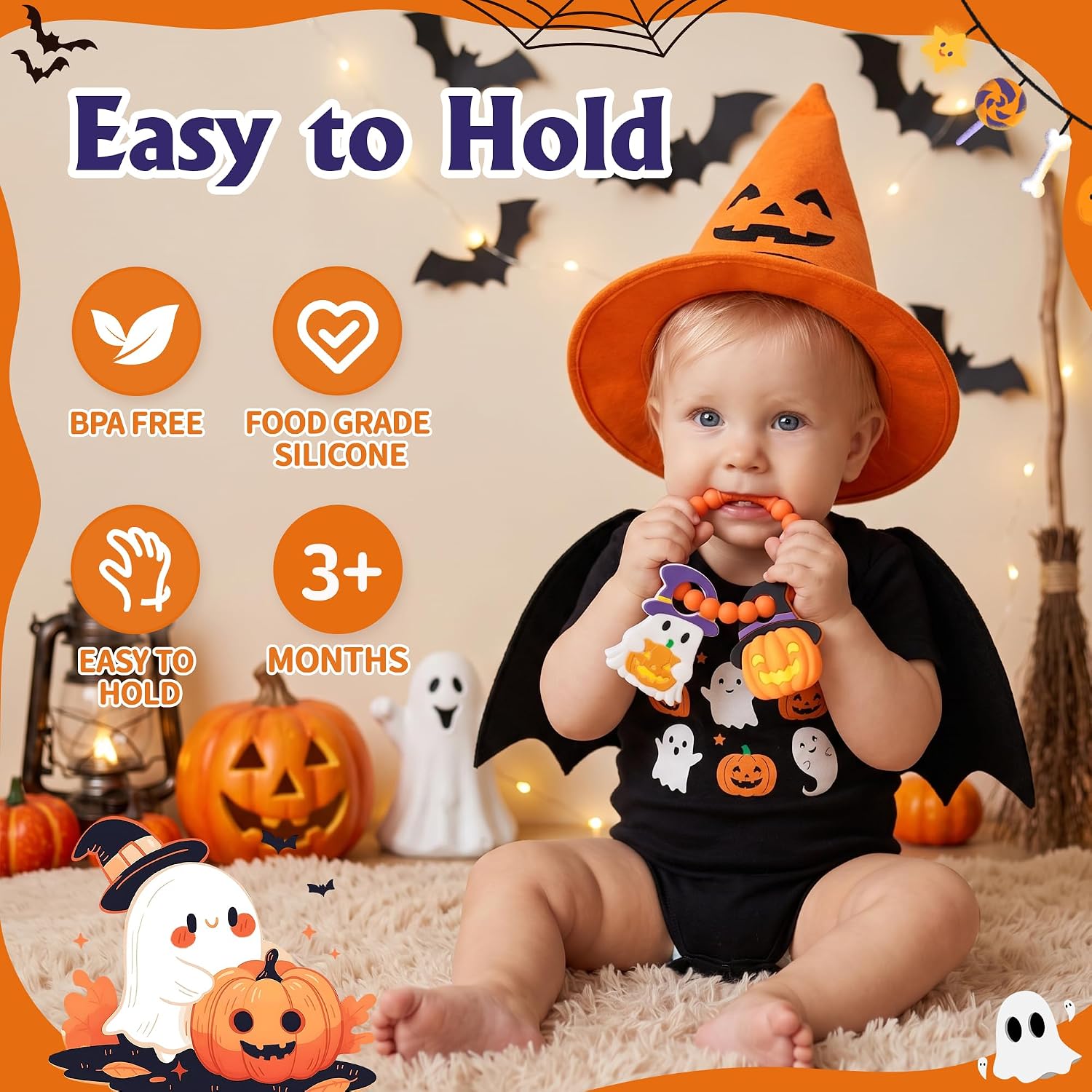 Baby Halloween Teething Toys, Soft Pumpkin & Ghost Textured Silicone Teether for 3-6 6-12 Months, BPA-Free Baby Halloween Teether Toys, Boo Basket Stuffers Sensory Gifts for Infant Boys & Girls