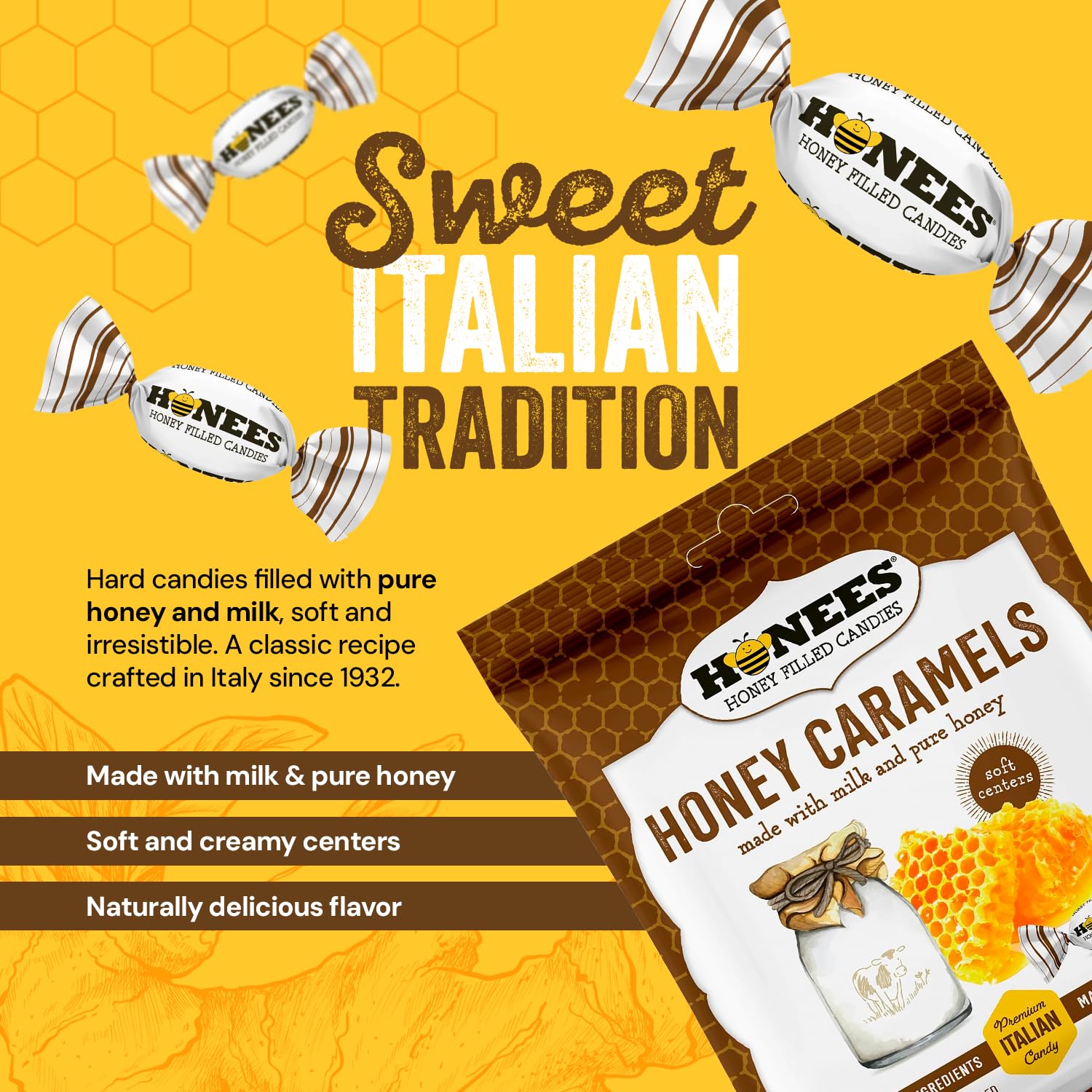 Honees Honey Caramels Hard Candy Individually Wrapped | Natural & Healthy Candy, Italian Made with Milk & Pure Honey, 6 Pack (17.1 oz)
