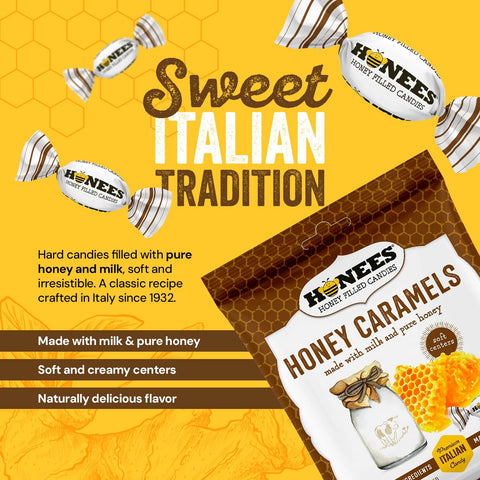 Honees Honey Caramels Hard Candy Individually Wrapped | Natural & Healthy Candy, Italian Made with Milk & Pure Honey, 6 Pack (17.1 oz)