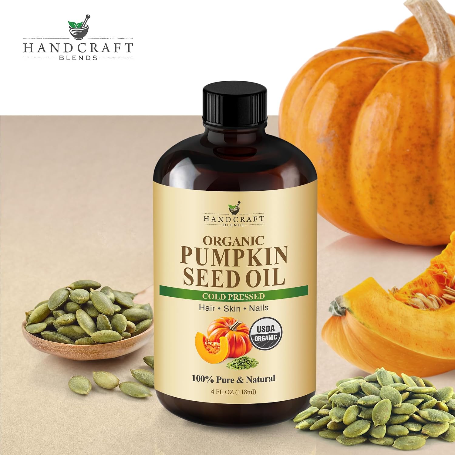 Handcraft Blends Cold-Pressed Organic Pumpkin Seed Oil in Glass Bottle - 4 Fl Oz - 100% Pure and Natural - Premium Grade Carrier Oil for Hair, Skin, Nails - Ayurvedic Skin Care