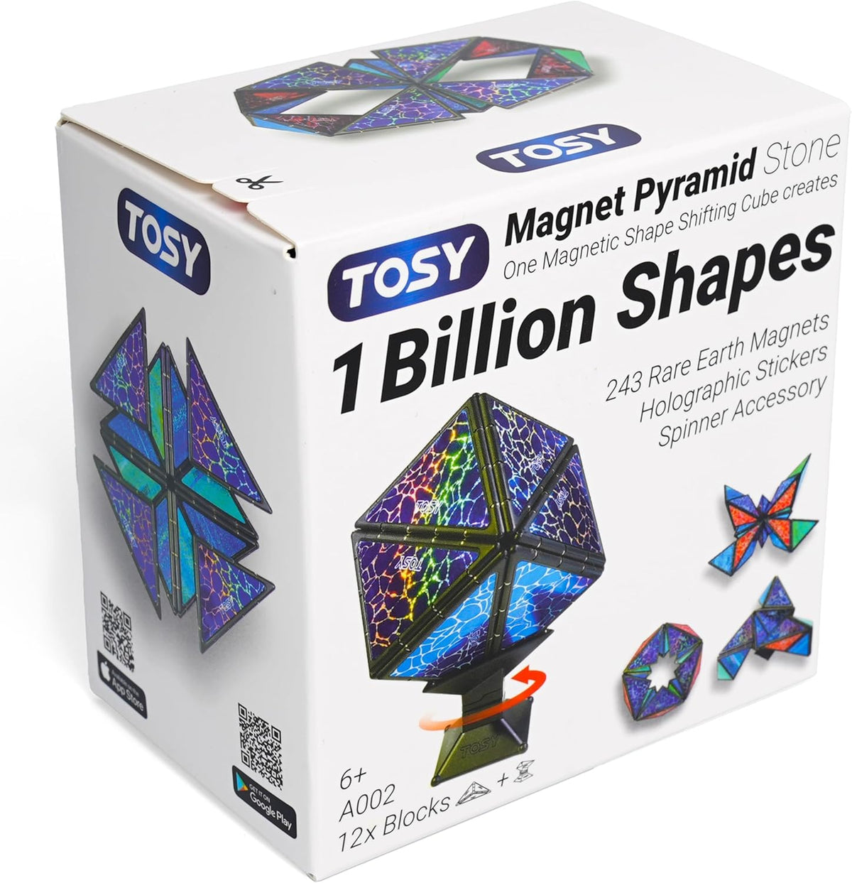 TOSY Magnet Pyramid Stone - 1 Cube Transforms into 1 Billion Shapes, 12 Pieces, 243 Rare Earth Magnets, Holographic Design Magnet Tiles Creative Puzzle STEM/STEAM Toy