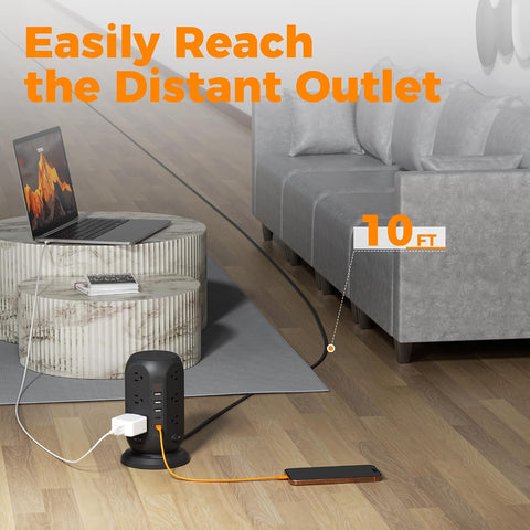TESSAN Tower Power Strip Surge Protector, Flat Extension Cord 10 Ft,Black