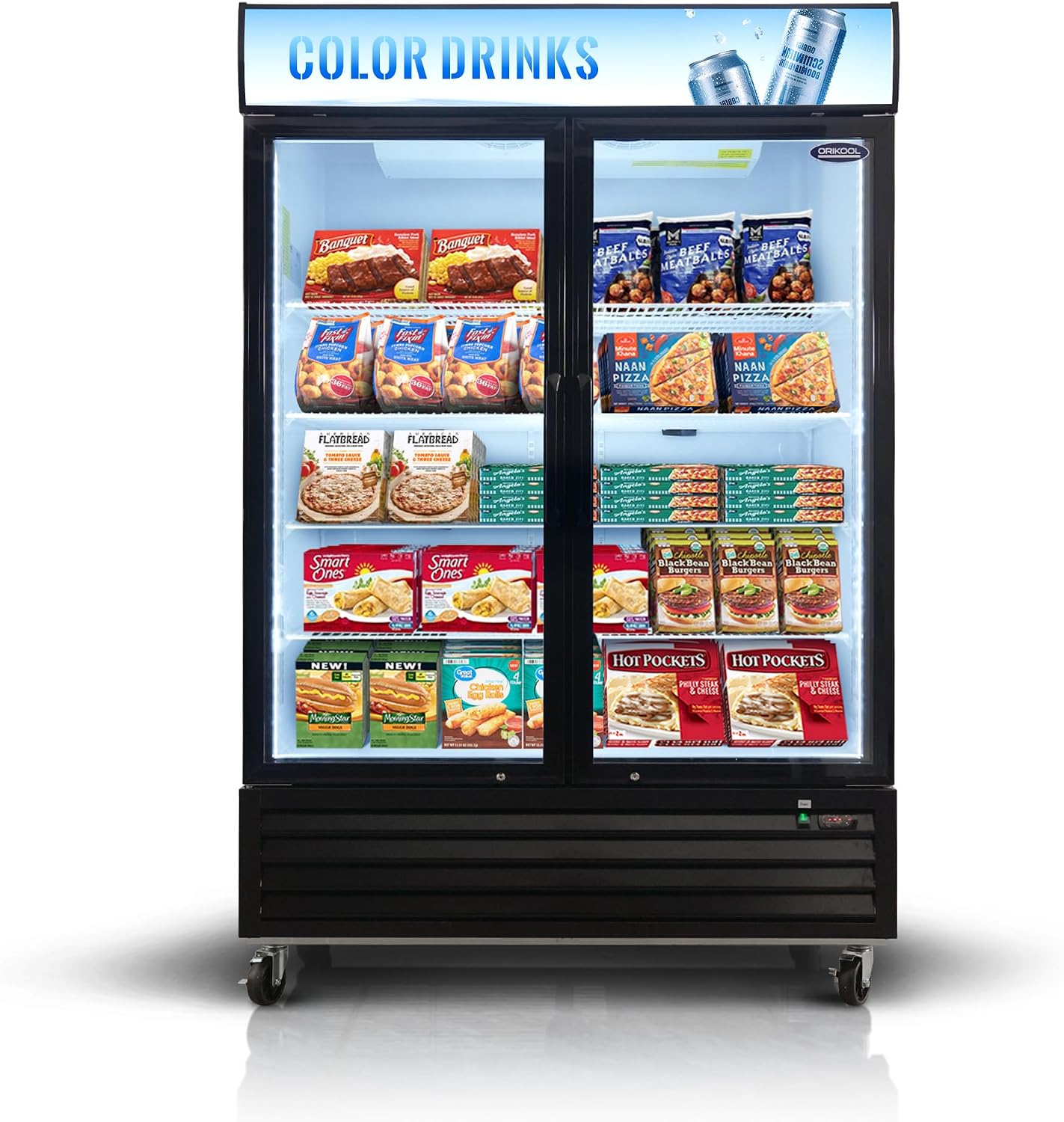 mikibama Glass Door Merchandiser Freezer, 44.7 Cu.ft Swing Door Commercial Reach-In Display Refrigerator with LED Top Panel Upright Freeze Storage, Double Cabinet, Black