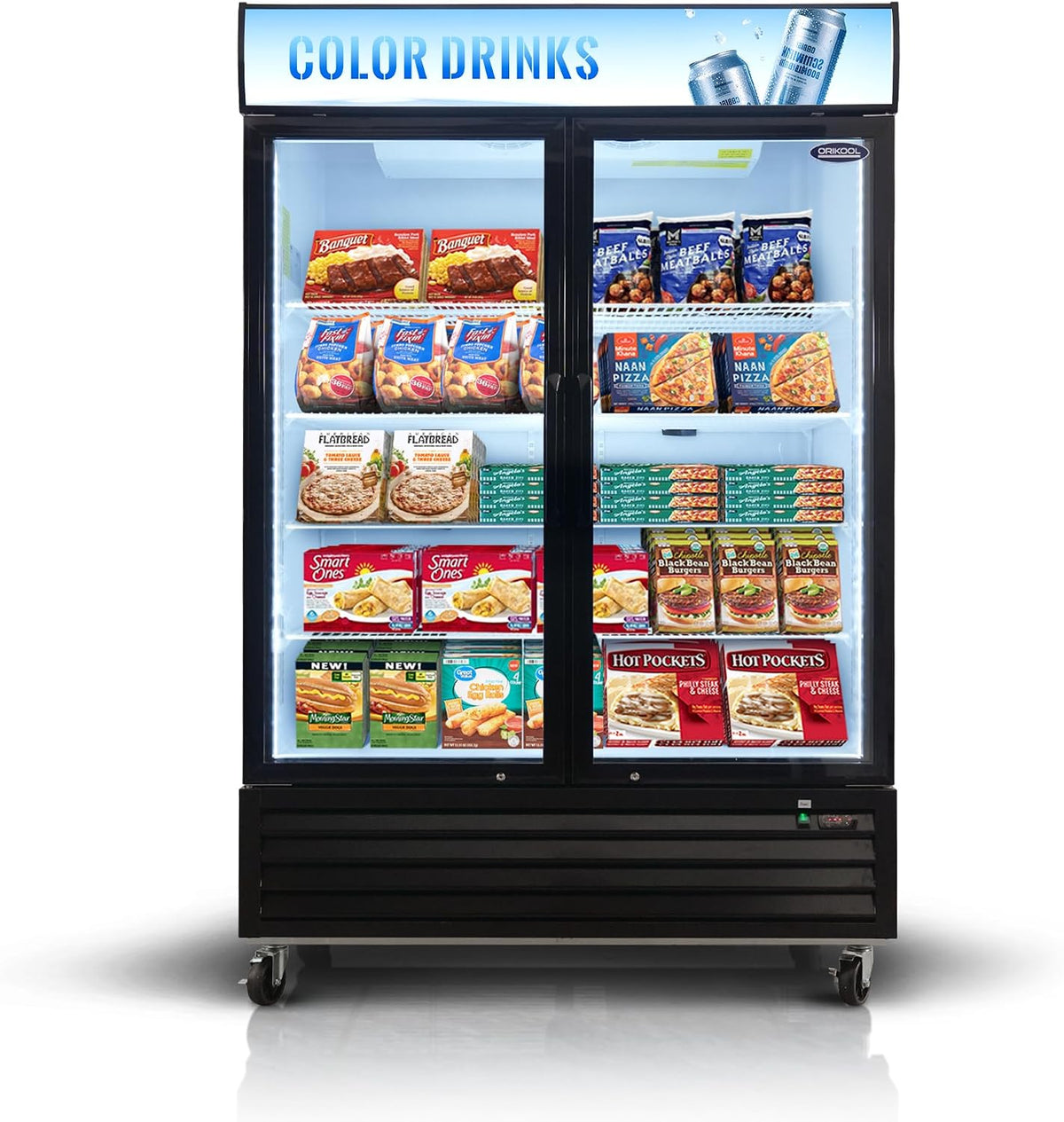 mikibama Glass Door Merchandiser Freezer, 44.7 Cu.ft Swing Door Commercial Reach-In Display Refrigerator with LED Top Panel Upright Freeze Storage, Double Cabinet, Black