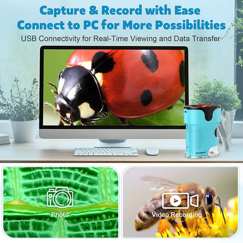 Microscope Numérique Portable 1000x Pour Enfants - Écran LCD 2 Pouces 4K, 6 LED - Carte SD 32 Go - Cadeau Scientifique 8-12 Ans