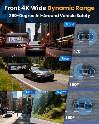 4 Channel 360° Dash Cam Front and Rear, 4K+1080P*3 FHD Car Camera