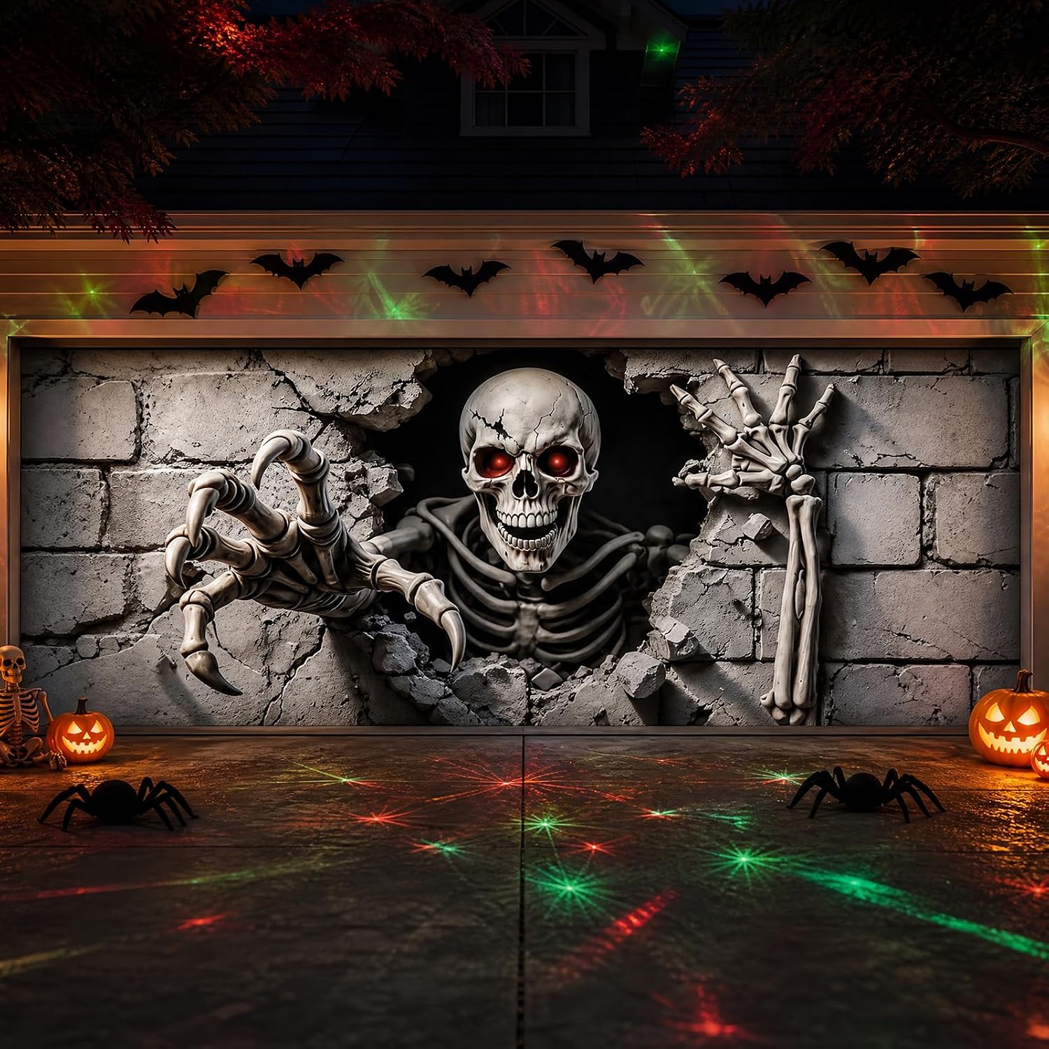16 x 7 FT Halloween Garage Door Cover,Large 3D Skeleton Halloween Backdrop