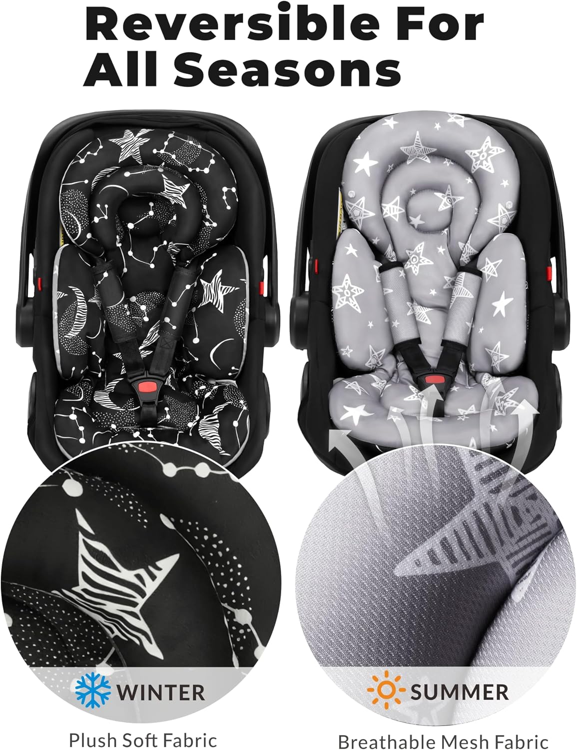 Tinlyfinly Infant Car Seat Insert with Removable Cushion for Preemie to Toddler, Reversible Newborn Carseat Insert for Baby Head Body Support, Fits for Stroller, Baby Swing, Bouncer (Black Star)