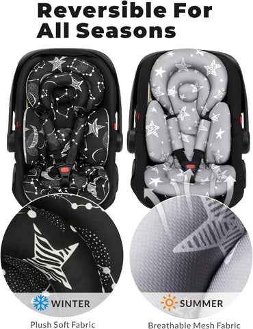 Tinlyfinly Infant Car Seat Insert with Removable Cushion for Preemie to Toddler, Reversible Newborn Carseat Insert for Baby Head Body Support, Fits for Stroller, Baby Swing, Bouncer (Black Star)