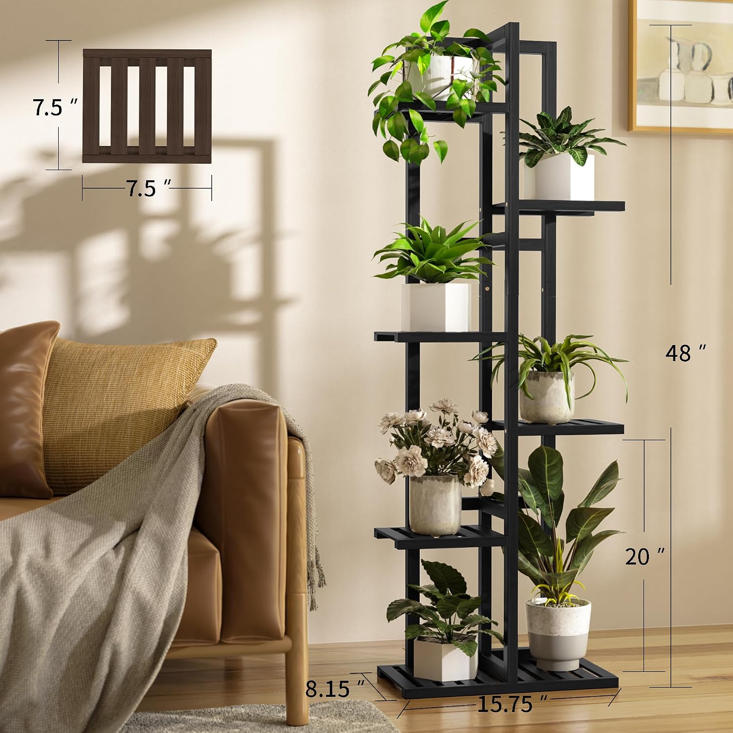 ROMGUAR CRAFT 6 Tier Bamboo Plant Stand Indoor, Tall Flower Holder, Black