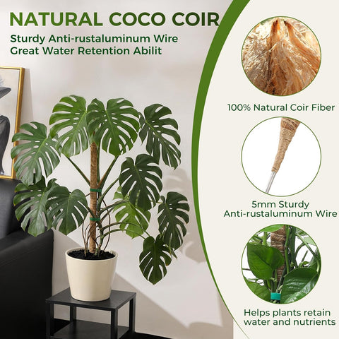 3 Pack Moss Pole Monstera Plant Support, 2 Pack 28" & 1 Pack 48" Bendable Plant Stakes Made of Real Coco Coir Support for Climbing Indoor Plants, Tall Moss Stick Trellis for Potted Climbers