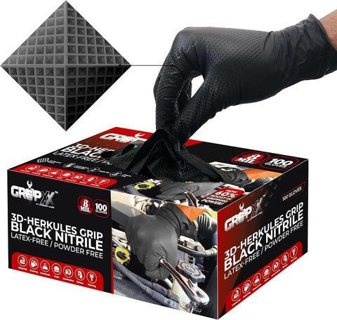GRIPXX Herkules Grip Heavy Duty 8Mil Black Nitrile Gloves,3D Raised Diamond Texture-Latex & Powder-Free Industrial, Mechanic