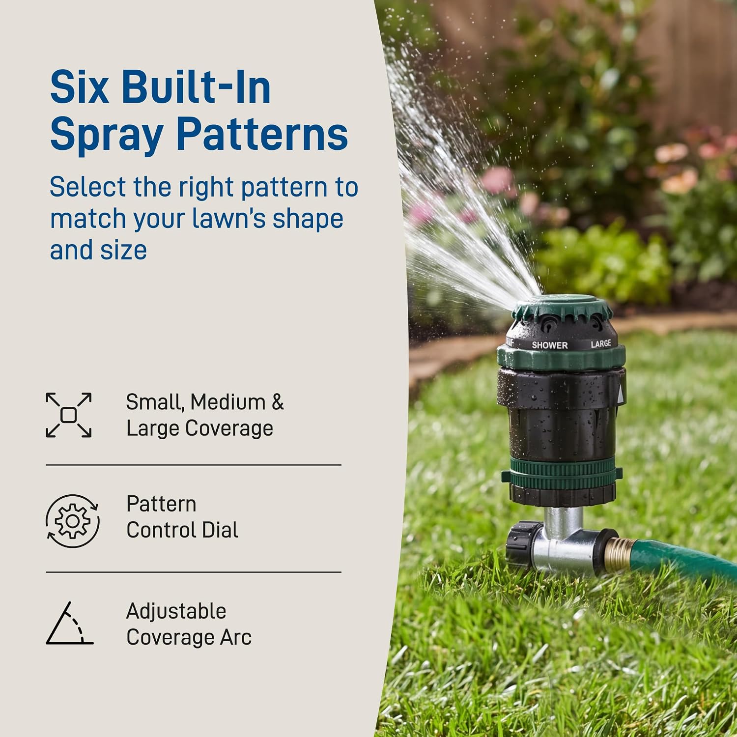 Orbit H2O-Six Gear-Drive Sprinkler on Metal T-Spike - Customizable Lawn Watering Coverage - Multi-Pattern Rotating Head with Adjustable Spray Range - Durable Outdoor Yard Irrigation Sprinkler - 58573