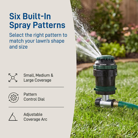 Orbit H2O-Six Gear-Drive Sprinkler on Metal T-Spike - Customizable Lawn Watering Coverage - Multi-Pattern Rotating Head with Adjustable Spray Range - Durable Outdoor Yard Irrigation Sprinkler - 58573