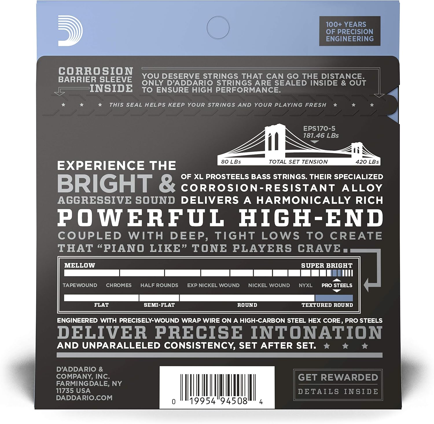 D'Addario XL ProSteels Bass Strings EPS170-5, 45-130, 5-String