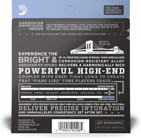 D'Addario XL ProSteels Bass Strings EPS170-5, 45-130, 5-String