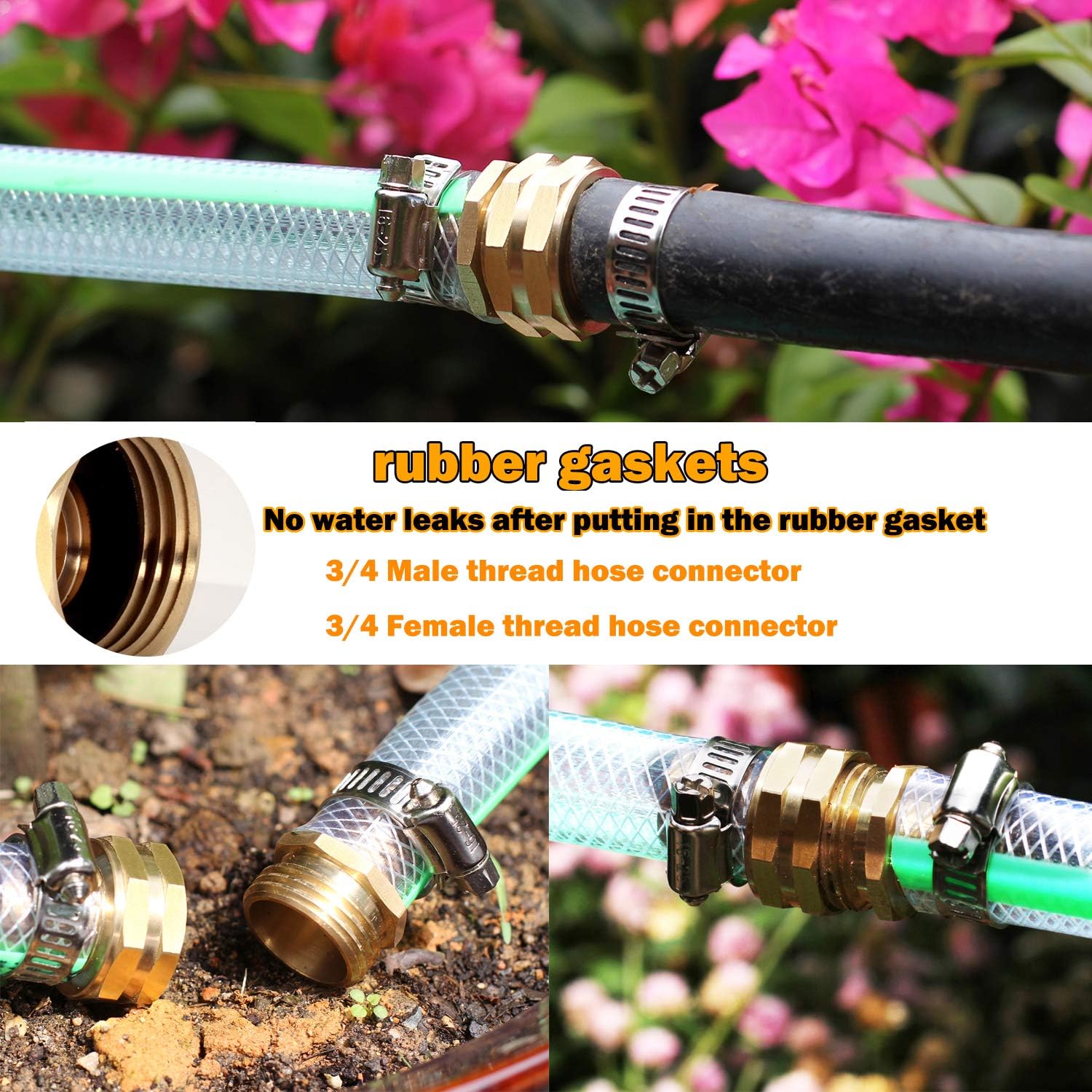 Garden Solid brass Hose Repair Connector with Clamps,Fit for Garden Hose Fitting,Male and Female Hose Fittings 10 Set (3/4"-10 Set)
