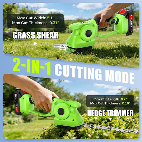 2-in-1 600W 21V Cordless Hedge Trimmer, Green