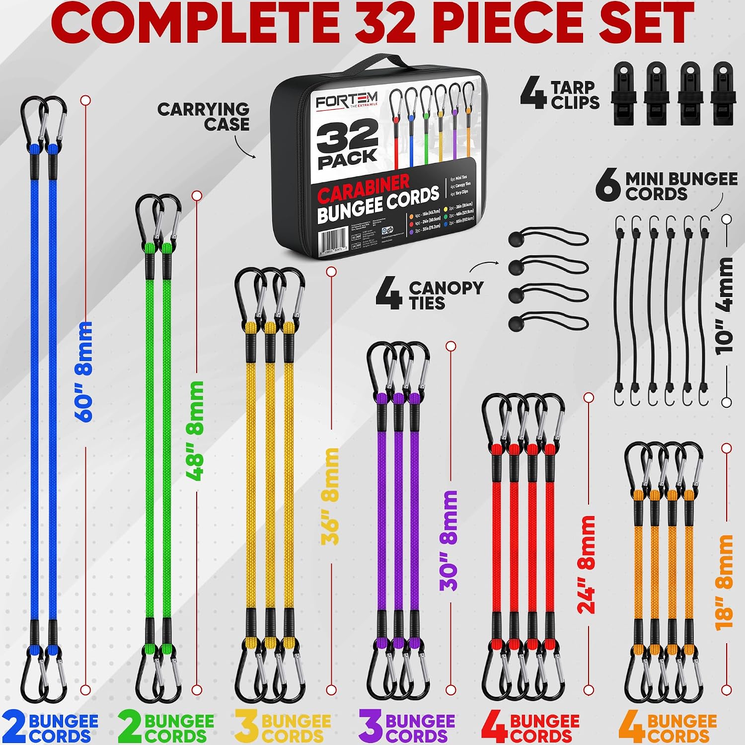 FORTEM Bungee Cords with Carabiner, 32pk 18" 24" 30" 36" 60" Tarp Ball Ties