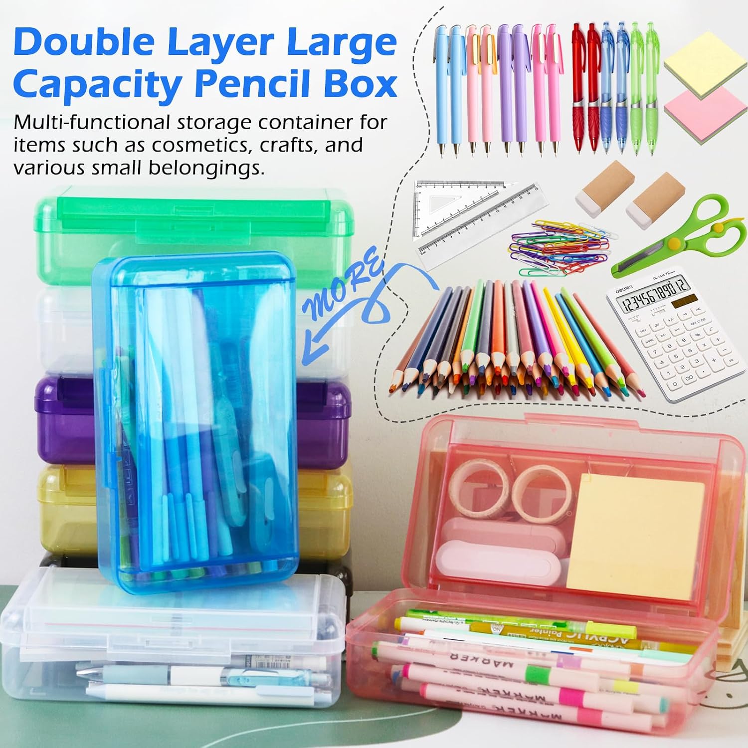 Double Layer Plastic Clear Hard Colored Pencil Box Case Pen Crayon Box